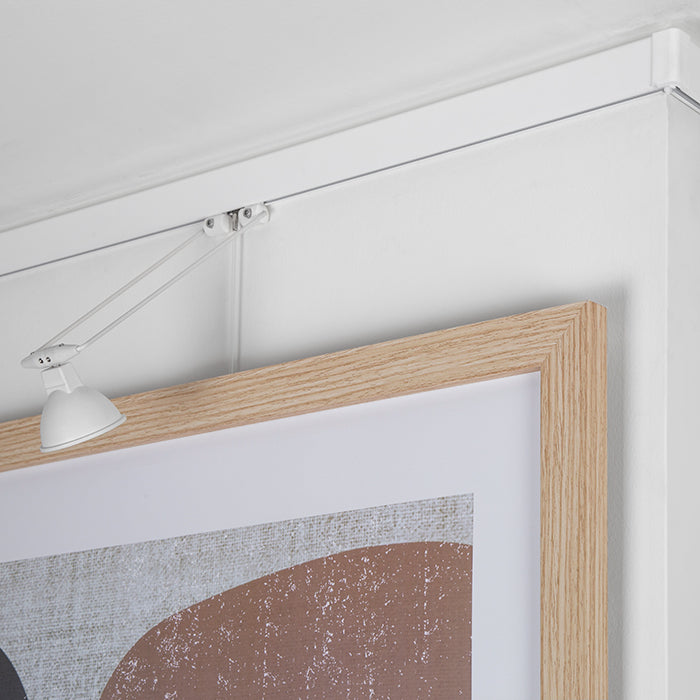 STAS multirail: elegant picture hanging rail with lighting for art display.